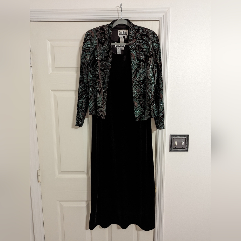 Sheri Martin dark brown velvet dress & green glitter jacket size 8